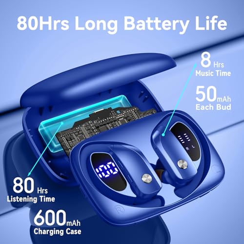 bmani Ear Buds Wireless Earbuds Bluetooth Headphones with 80H Playtime LED Display Case, Over-Ear Hook with Mic, Stereo Sound, Easy Button Controls, Sports Earphones for Running Workout Gym Blue - color: Blue, style: AI Buds Pro