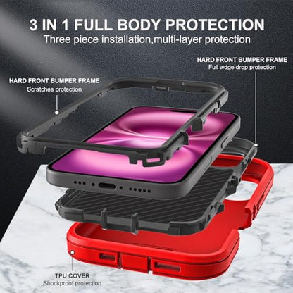 YKHJKLEC for iPhone 16 Plus Case, Military Grade 3 in 1 Heavy Duty Shockproof/Drop Proof/Dust Proof Case with 2Pcs Tempered Glass Screen Protector (Red/Black) - color: Red/Black