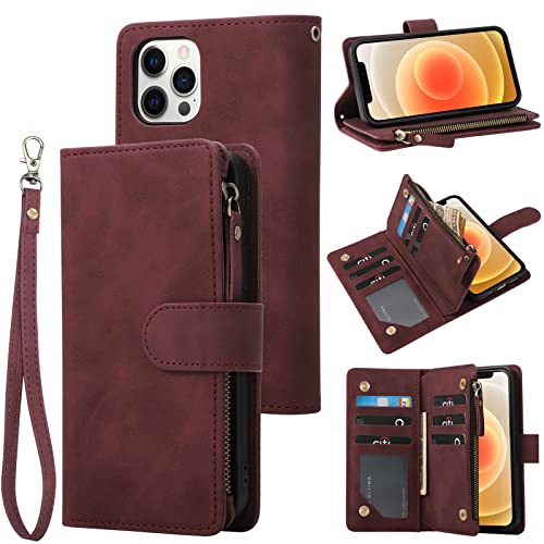 RANYOK Wallet Case Compatible with iPhone 13 Pro (6.1 inch), Premium PU Leather Zipper Flip Folio Wallet RFID Blocking with Wrist Strap Built-in Kickstand Protective Case (Wine Red) - color: Wine Red