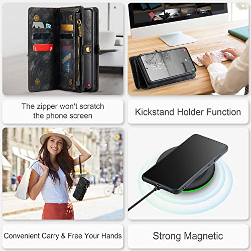 Samsung Galaxy S23 Wallet Case,Zipper Folio Leather Case Wallet with Card Holder Strap Wristlet Detachable Magnetic Protective Back Case for Samsung Galaxy S23 5G 6.1 Inch(Black) - color: Black, size: S23 5G 6.1 Inch