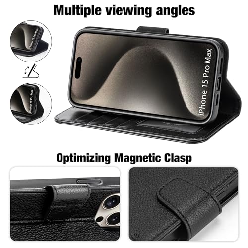 Arae Compatible with iPhone 15 Pro Max Case with Card Holder and Wrist Strap Wallet Flip Cover for iPhone 15 Pro Max 6.7 inch Men RFID Blocking Wristlet Kickstand,Litchi Black - color: Litchi Black, size: iPhone 15 Pro Max 6.7 inch
