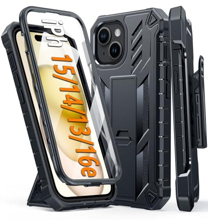 FNTCASE for iPhone 15/14/13 Case, with Belt Clip, Built-in Screen Protector | Rugged Kickstand, 20FT Military-Grade Drop Protection, Heavy Duty Shockproof Holster, Full Protective Phone Cover, Orange - color: T-Black