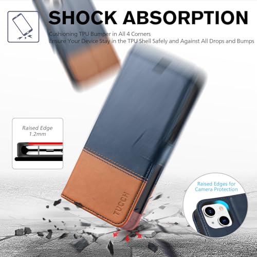 TUCCH Wallet Case for iPhone 13 (6.1") 2021, Flip Stand, Blue & Brown | RFID Blocking, 3 Card Holders, Kickstand, PU Leather, Shockproof TPU Shell, Magnetic Closure, Protective Folio Cover - color: Blue & Brown