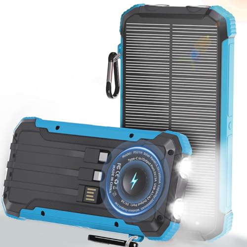 Solar Charger Power Bank 20000mAh, Wireless Fast Charging Battery Pack with 3 Built-in Cables & USB-C Input, Dual LED Flashlights, Portable Phone Charger for Camping, Travel & Emergency Use - color: Blue