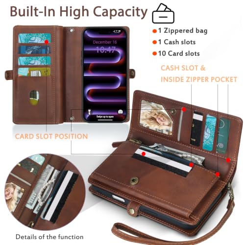 for Wallet Case Compatible with iPhone 16,Multi-Function Detachable 2 in 1 Magnetic iPhone 16 Wallet,Flip Strap Zipper Card Holder Phone Case with Shoulder Straps(Brown) - color: Brown, size: iPhone 16