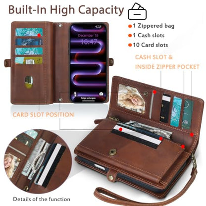 for Wallet Case Compatible with iPhone 16,Multi-Function Detachable 2 in 1 Magnetic iPhone 16 Wallet,Flip Strap Zipper Card Holder Phone Case with Shoulder Straps(Brown) - color: Brown, size: iPhone 16