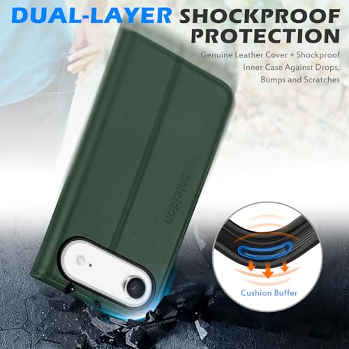 SHIELDON Genuine Leather Wallet Case for iPhone Air 6.5" 2025, Evergreen | RFID Blocking, Credit Card Holder, Magnetic Closure, Kickstand, Folio Design, Shockproof Phone Cover - color: Evergreen