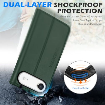 SHIELDON Genuine Leather Wallet Case for iPhone Air 6.5" 2025, Evergreen | RFID Blocking, Credit Card Holder, Magnetic Closure, Kickstand, Folio Design, Shockproof Phone Cover - color: Evergreen
