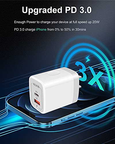3Pack Dual Port USB-C Wall Plug-in USBC Charger, AILKIN 20W Power Delivery - color: White