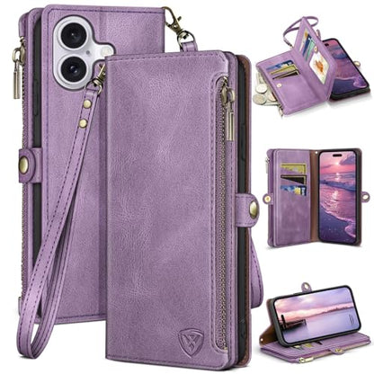 XcaseBar Compatible with iPhone 16 Plus Wallet case with Zipper Credit Card Holder【RFID Blocking】,Flip Folio Book PU Leather Phone case Shockproof Cover Women Men for Apple 16 Plus case Lilac Purple - color: Lilac Purple
