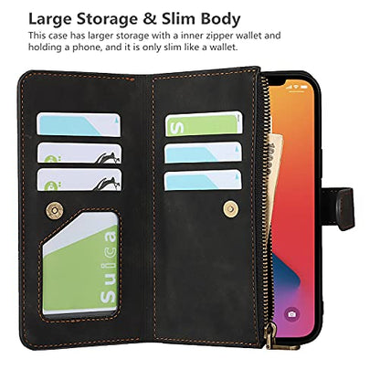 iCoverCase Compatible with iPhone 13 Wallet Phone Case with Card Holder, PU Leather Zipper Pocket Magnetic Detachable Flip Case with Wrist Strap (Black) - color: Detachable--Black