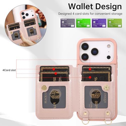 for iPhone 17 Pro Max Wallet Case with Card Holder Slots and Strap, RFID Blocking Magnetic Flip Folio Cover, Crossbody Purse Protection Case with Kickstand,Rose Gold Diamond - color: Rose Gold Diamond, size: iPhone 17 Pro Max(6.9")
