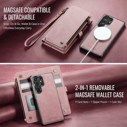 Defencase for Galaxy S25 Ultra Case Wallet Compatible with Magsafe, Pink | Magnetic Detachable, RFID Bolcking Card Holder, Zipper Strap, PU Leather Drop-Proof Phone Cover for Samsung Galaxy S25 Ultra - color: (Detachable with Magsafe)-Pink