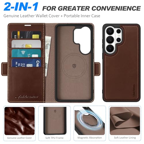 SHIELDON 2 in 1 Leather Case Wallet for Galaxy S26 Ultra 6.9", Retro Coffee | Genuine Leather, Detachable, RFID Blocking, Credit Card Holder, Magnetic Closure, Kickstand, Folio Shock Absorbent Cover - color: Retro Coffee