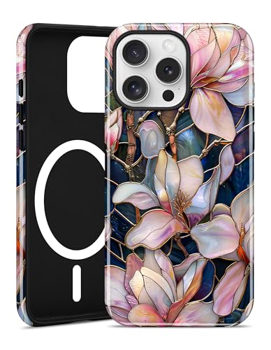 Magnetic Flower Phone Case for iPhone 17 Pro, White Magnolia | Compatible with MagSafe, Cute Stained Glass Floral Aesthetic, TPU and PC Shockproof Protective Phone Cover for Women Girls - color: Staind Glass White Magnolia