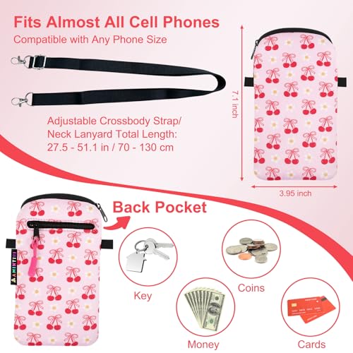 Lanyard Phone Holder Pouch, Phone Bag with Pocket for iPhone & Samsung - color: Cherry Bomb