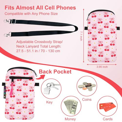 Lanyard Phone Holder Pouch, Phone Bag with Pocket for iPhone & Samsung - color: Cherry Bomb