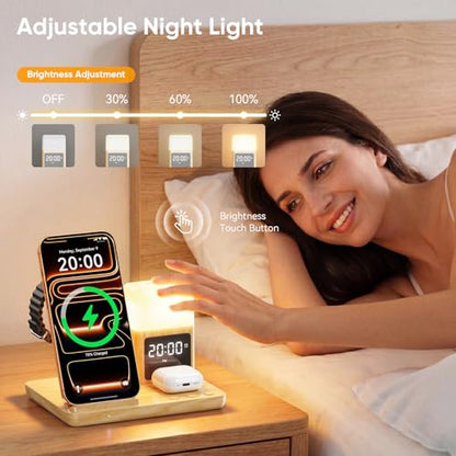6 in 1 Wireless Charging Station with Clock & Night Light，Alarm Clocks for Bedrooms,Wireless Charger Stand with Beside Clock for iPhone 18/17/16/15/14/13/12 Pro Max, Apple Watch,Airpods (Wood) - color: Wood