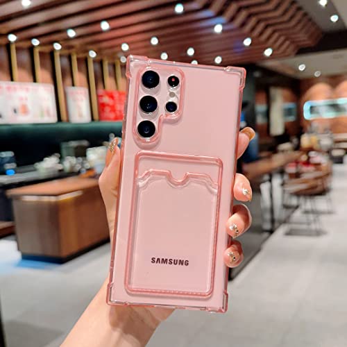 Tuokiou Samsung Galaxy S22 Ultra Clear Protective Card Slot Case - Slim Fit Drop Resistant Soft TPU Wallet With Bumper, Cute Card Holder Pocket for 6.8" Galaxy S22 Ultra (Pink) - color: Pink, size: Samsung Galaxy S22 Ultra