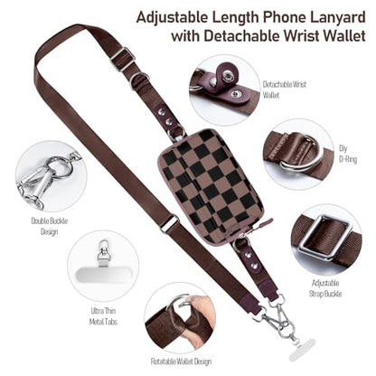 Tiostep Clip and Go Strap for Phone with Wallet Crossbody Phone Lanyard Adjustable and Detachable RFID Wristlet Wallet (Black Brown Checkered, Medium) - color: Black Brown Checkered, size: Medium