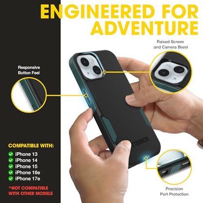 OtterBox iPhone 17e, 16e, 15, 14, 13 Commuter Series Case - Black & Green | 3X Military Drop Protection - Slim - Dual-Layer Shockproof Design - Pocket-Friendly - Raised Edges - Port Covers - color: Black/Green