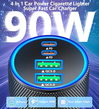 Stuffcool Car Charger USB C, 4Port 90W 2USB-C & 2USB-A Car Power Adapter