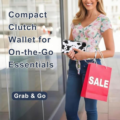 RFID Wallet for Women with Cellphone Pocket - Double Zipper Wristlet Purse Large Capacity, 17 Card Slots, Coin Pocket, ID Window, Cow Print - color: Cow