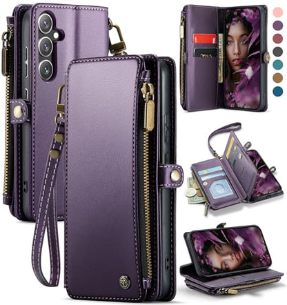 Defencase for Samsung Galaxy S24 Wallet Case with RFID Card Holder, Purple | Durable Soft PU Leather, with Zipper Pocket, Wrist Strap, Fashion Snap Flip S24 Phone Cases Cover with Stand for Women Men - color: Purple