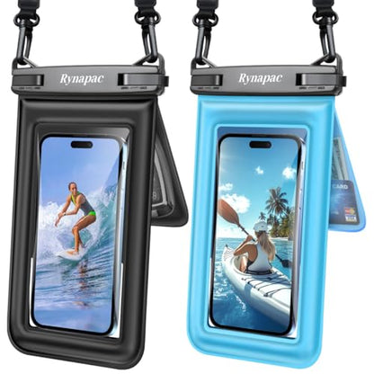 [Up to 8.5''] Floating Waterproof Phone Pouch 2 Pack, IPX8 Double Space Waterproof Phone Case with Lanyard for iPhone 17 16 15 Pro Max, Galaxy S26 Ultra, Cellphone Dry Bag Beach Cruise Ship Essentials - color: Black & Blue