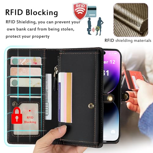 for Wallet Case Compatible with iPhone 14 Pro Max,Multi-Function Detachable 2 in 1 Magnetic iPhone 14 Pro Max Case Wallet,Flip Strap Zipper Card Holder Phone Case with Shoulder Straps (Black) - color: Black, size: iPhone 14 pro max