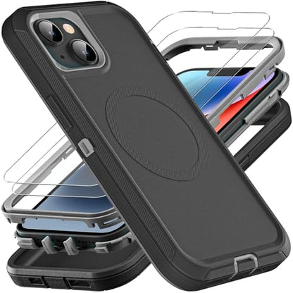 YKHJKLEC for iPhone 13/iPhone 14 Case, Compatible with Magsafe, 3 in 1 Heavy Duty Shockproof/Drop Proof/Dust Proof Case with 2Pcs Tempered Glass Screen Protector (New-Black/Grey) - color: New-Black/Grey