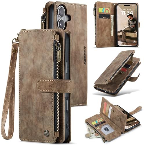 Compatible with iPhone 17 Wallet Case with Card Holder Kickstand Magnetic Zipper Pocket Lanyard Strap Wristlet,Leather Flip Case Wallet for iPhone 17 6.3 Inch (Brown) - color: Brown, size: iPhone 17 6.3 Inch