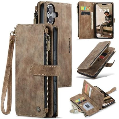Compatible with iPhone 17 Wallet Case with Card Holder Kickstand Magnetic Zipper Pocket Lanyard Strap Wristlet,Leather Flip Case Wallet for iPhone 17 6.3 Inch (Brown) - color: Brown, size: iPhone 17 6.3 Inch