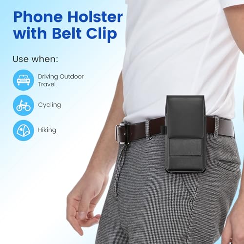 Mopaclle Phone Holster with 360° Rotating Clip,Cell Phone Belt Holder Compatible with iPhone 17 Pro Max/Air,iPhone 16 Pro Max,15 14 Pro Max & Plus,Galaxy S25+/S24+/S23+ & FE Models, Fit with Case On - color: 02 Leather -Black, size: L (6.5 x 3.5x0.5 in)