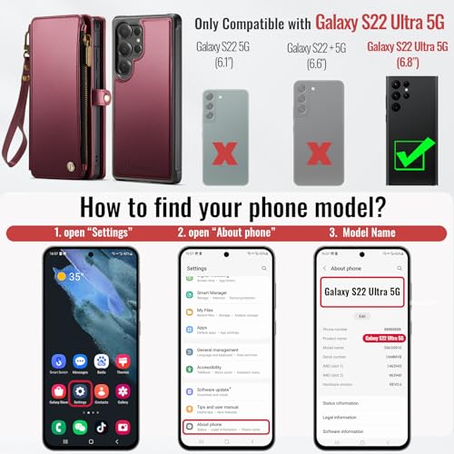 Defencase for Galaxy S22 Ultra Case Wallet Compatible with Magsafe, WineRed | Magnetic Detachable, RFID Bolcking Card Holder, Zipper Strap, PU Leather Drop-Proof Phone Cover for Samsung Galaxy S22 Ultra - color: (Detachable with Magsafe)-Wine Red