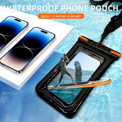 IPX8 Floating Waterproof Dry Bag 2-Pack,7.2 Inch Waterproof Phone Pouch for iPhone 16/15/14 Pro Max Galaxy S24/S23 Adjustable Lanyard + Wrist Strap Beach Swimming Travel Essentials - color: black+white+ Orange
