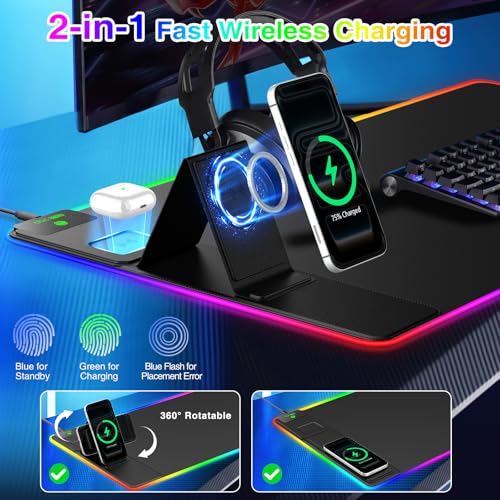 XXL RGB LED Gaming Mouse Pad with Magnetic Wireless Charger & Foldable Phone Holder, 31.5"x15.8" Extended Ultra-Smooth Desk Mat, 25 Lighting Effects, Non-Slip Base - color: RGB-Magnetic Stand-31.5"x15.8"-Left