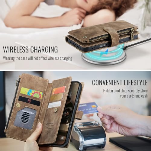 Compatible with iPhone 17 Wallet Case with Card Holder Kickstand Magnetic Zipper Pocket Lanyard Strap Wristlet,Leather Flip Case Wallet for iPhone 17 6.3 Inch (Brown) - color: Brown, size: iPhone 17 6.3 Inch