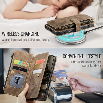Compatible with iPhone 17 Wallet Case with Card Holder Kickstand Magnetic Zipper Pocket Lanyard Strap Wristlet,Leather Flip Case Wallet for iPhone 17 6.3 Inch (Brown) - color: Brown, size: iPhone 17 6.3 Inch