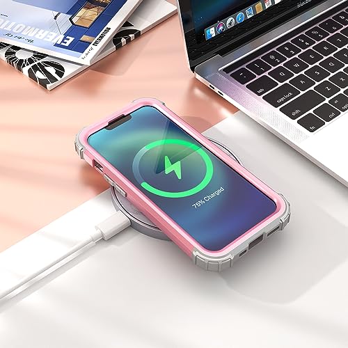IDweel for iPhone 15 Case with Screen Protector,Luxury 3 in 1 Shockproof Slim Fit Hybrid Heavy Duty Protection Glitter Hard PC Cover Soft Silicone Bumper Full Body Case,Pink/Light Grey - color: Pink/Light Grey