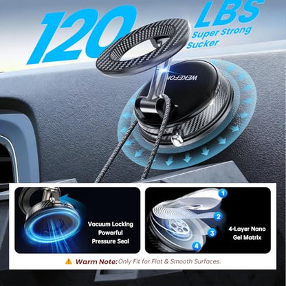 Upgraded Car Phone holder for Magsafe [120LBS Suction Cup & 3000gf Magnet ] 1100° Adjustable Vacuum Magnetic Phone Holders for Your Car, Dashboard Car Mount Bracket for iPhone & Android, Carbon Fiber - color: Black