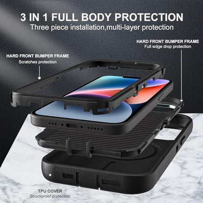 YKHJKLEC for iPhone 13/14 Case, Military Grade 3 in 1 Heavy Duty Shockproof/Drop Proof/Dust Proof with Kickstand Case, with 2 x Tempered Glass Screen Protector (ZJ-Black/Black) - color: ZJ-Black/Black