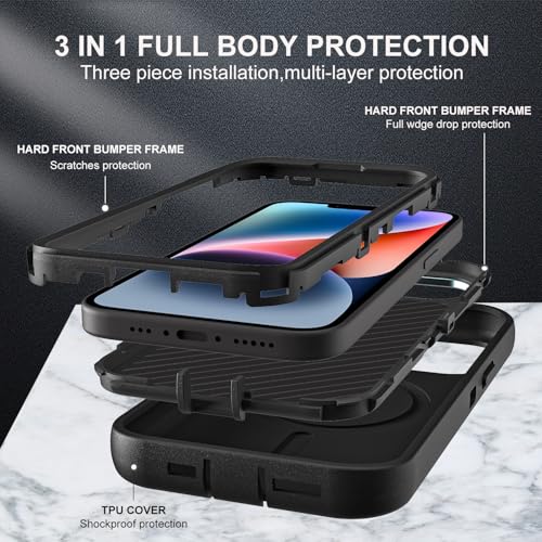 YKHJKLEC for iPhone 13/14 Case, Military Grade 3 in 1 Heavy Duty Shockproof/Drop Proof/Dust Proof with Kickstand Case, with 2 x Tempered Glass Screen Protector (ZJ-Black/Black) - color: ZJ-Black/Black