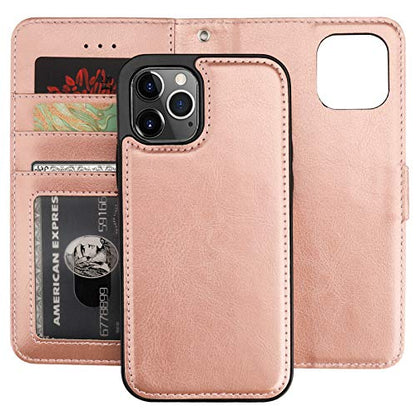 Bocasal Detachable Wallet Case Card Holder for iPhone 12/12 Pro, Rose Gold | Kickstand Card Slots Holder PU Leather Magnetic Shockproof Wrist Strap Removable Flip Protective Cover 6.1 inch - color: Rose Gold