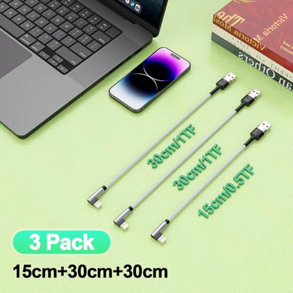 3Pack Right Angle Short Lightning iPhone Charge Cable, 90 Degree Apple Lightning Cable 15cm+30cm+30cm, Nylon Braided Sync Data Charger Cord for iPhone 14/13/12/11 Pro Max 8 7 Plus-Grey