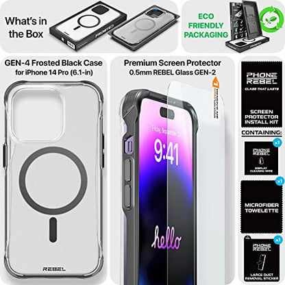 REBEL Clear Case for iPhone 14 Pro [Frosted Series Gen-4] Strong MagSafe Compatible, Translucent, Matte Texture, Protective Shockproof Bumpers, Metal Buttons, 6.1 Inch Phone Cover 2023 (Frosted Black) - color: Frosted Black, size: iPhone 14 Pro