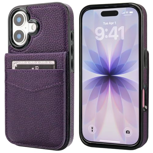 KIHUWEY for iPhone 17 Wallet Case Card Holder Kickstand, Lichee Dark Purple | Credit Card Slots, PU Leather, Magnetic Clasp, Flip Heavy Duty Protection Cover for Men and Women - color: Lichee Dark Purple
