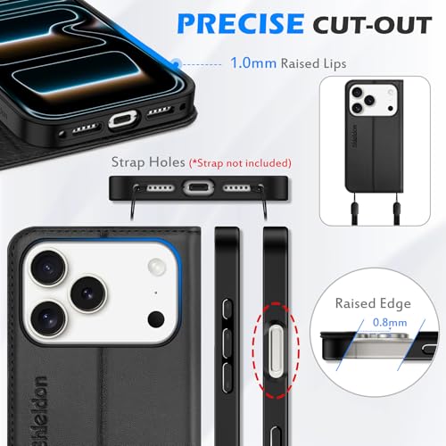 SHIELDON Genuine Leather Wallet Case for iPhone 17 Pro 6.3" 2025, Black | Flip Magnetic Cover, Kickstand, RFID Blocking, 3 Credit Card Holder, Book Design, Shockproof, Soft Inner Phone Case - color: Black