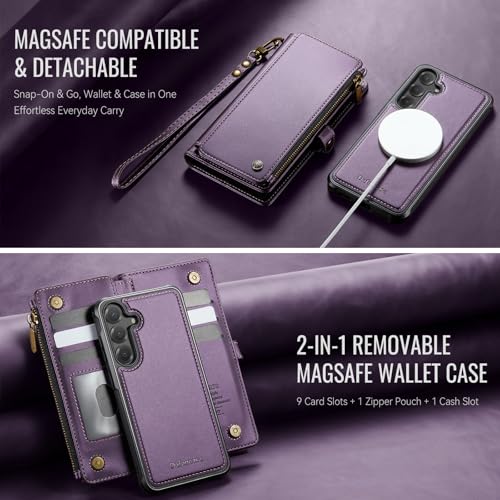Defencase for Galaxy S25 Plus Case Wallet Compatible with Magsafe, Purple | Magnetic Detachable, RFID Bolcking Card Holder, Zipper Strap, PU Leather Drop-Proof Phone Cover for Samsung Galaxy S25+/Plus - color: (Detachable with Magsafe)-Purple