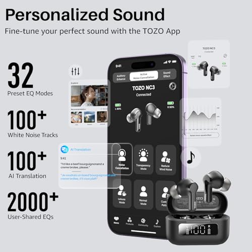 TOZO Hybrid Active Noise Cancelling in Ear Wireless Earbuds, 68H Playtime - color: Black